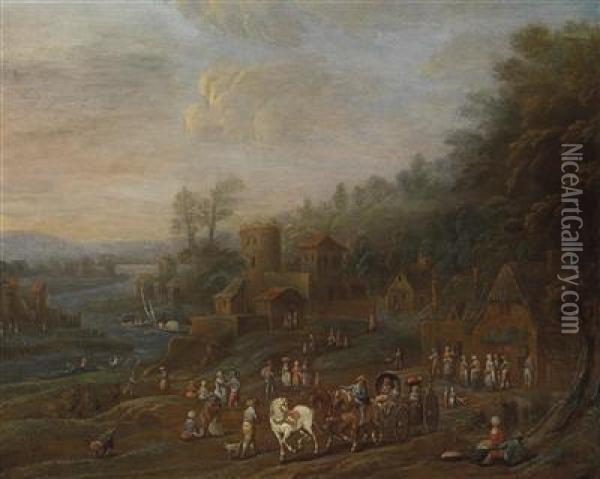 A Wide River Landscape With Travellers On A Road And A Fortified Estate In The Background Oil Painting - Maximilian Blommaerdt