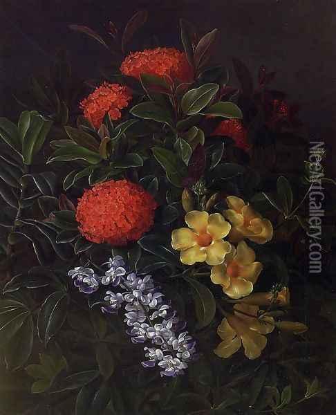 Allemanda, Ixora and Orchids Oil Painting - Johan Laurentz Jensen