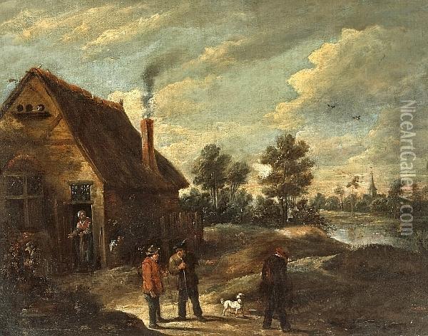 An Extensive Landscape With Figures Outside A Cottage Oil Painting - David The Younger Teniers