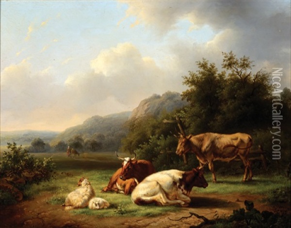 Mountain Landscape With Cattle In The Foreground Oil Painting - Georg Heinrich Hessler