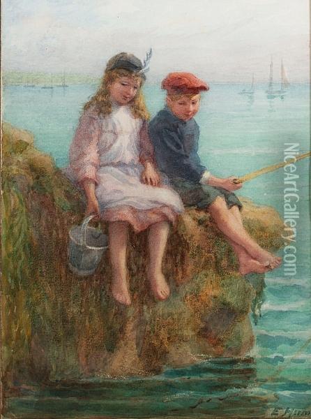 Children Fishing Oil Painting - Edith Hume