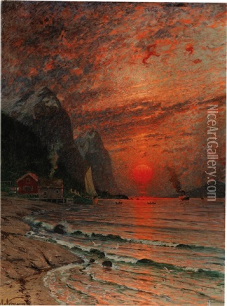 Sunset Over The Fjord Oil Painting - Adelsteen Normann