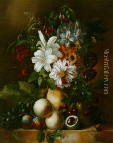 A Still Life Of Flowers And Fruit Oil Painting - Anna Maria Van Veeren