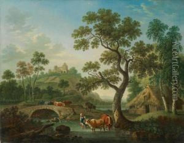Zwei Landschaften Mit Hirten Und Architekturstaffage Oil Painting - Friedrich Wilhelm Hirt