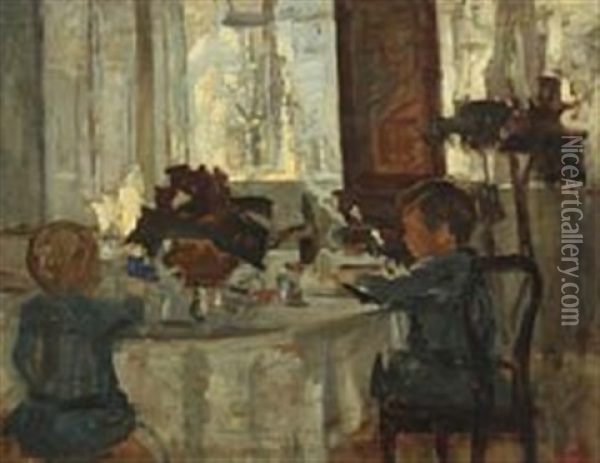 Frokostbordet, Interior Oil Painting - Sigurd Wandel