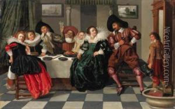 Elegant Company At Table In An Interior Oil Painting - Dirck Hals