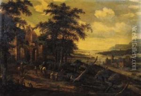 Travellers And Peasants On A Road By A Ruined Mansion, A Valley Beyond Oil Painting - Dionys Verburgh