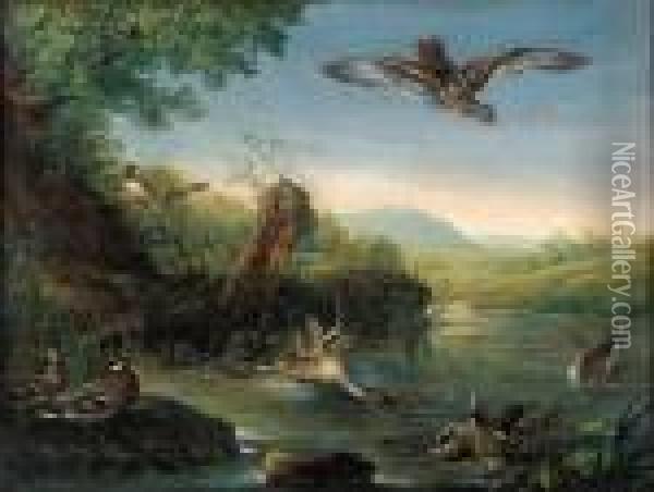 An Eagle In Flight Watching Ducks By A Pool Oil Painting - Johann Elias Ridinger or Riedinger