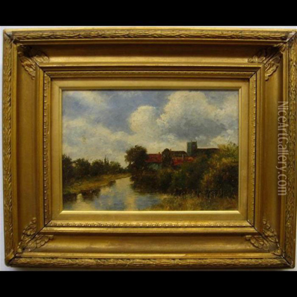Riverscape With Houses Oil Painting - Sir Alfred East