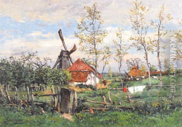 Summer Landscape With Windmill And Farmhouse Oil Painting - Isidore Verheyden