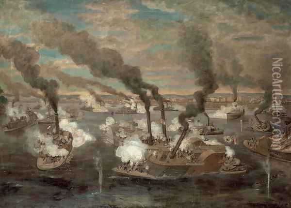 Great Naval Battle of Memphis, Tennessee on 6th June, 1862 Oil Painting - Alexander Simplot