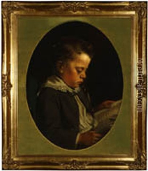 Portrait Of A Young Boy Reading Oil Painting - Lewis Thomas Ives