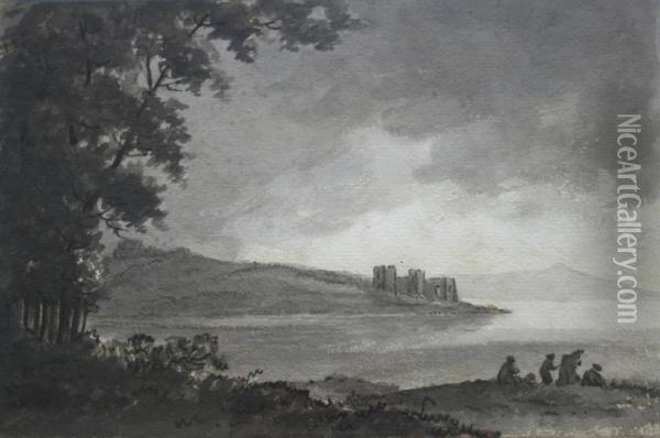 Figures And A Ruin By A Lake Oil Painting - William Gilpin