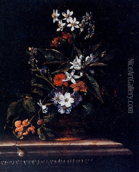 A Still Life Of Flowers In An Ormolu Mounted Copper Vessel, With A Snail And A Butterfly, All On A Marble Ledge Oil Painting - Jacques Samuel Bernard