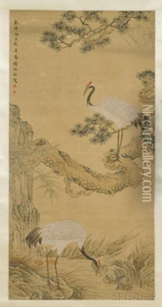 Depicting Two Cranes With Pine Trees And Bamboo Oil Painting - Shen Quan
