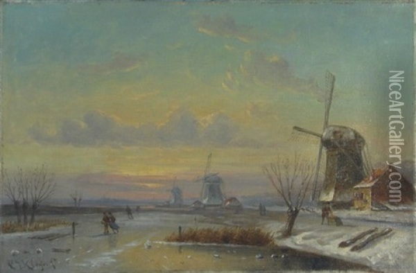 Winter Landscape With Skaters On A Canal Along Three Windmills Oil Painting - Lodewijk Johannes Kleijn