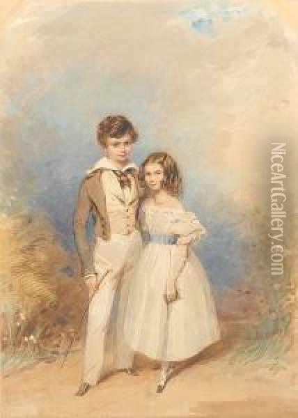 Vere Henry Close, Wearing Brown 
Coat Over Buffwaistcoat With Brown Spots, White Shirt With Turned-back 
Collar Andtied Brown Stock, Cream Trousers And Brown Boots, Holding A 
Ridingcrop In His Right Hand, And Sophia Caroline Close, Wearing 
Whitedres Oil Painting - Francois Theodore Rochard