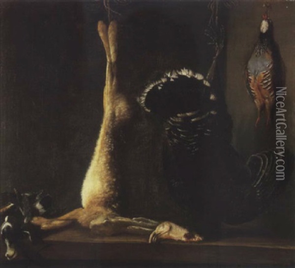 A Hanging Dead Hare, Turkey And Other Game On A Wooden Table Oil Painting - Bartolome Montalvo
