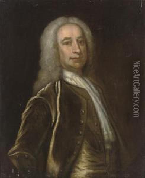 Portrait Of A Gentleman, Half-length, In An Olive Coat Andwaistcoat And A White Cravat Oil Painting - Arthur Pond