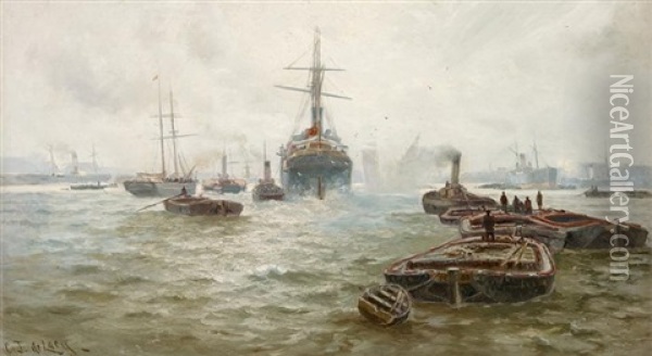 Boats In Harbor Oil Painting - Charles John de Lacy
