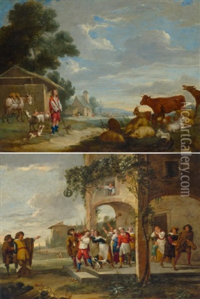 Pair Of Works: Scenes From The Life Of The Prodigal Son Oil Painting - Peeter van Bredael