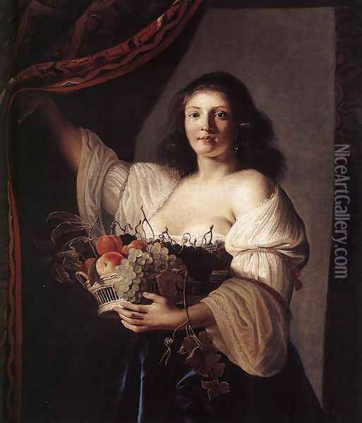 Woman with a Basket of Fruit 1642 Oil Painting - Christiaen van Couwenbergh