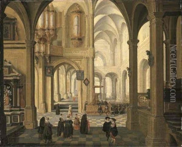 The Interior Of A Church With A Sermon In Progress, A Christening Party In The Foreground Oil Painting - Dirck Van Delen