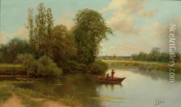 A Fishing Boat On The Water Near The Edge Of A Town Oil Painting - Jose Maria Jardines