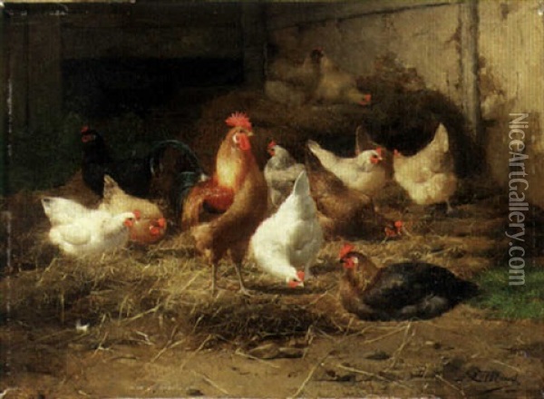 Roosters And Chickens Oil Painting - Eugene Remy Maes