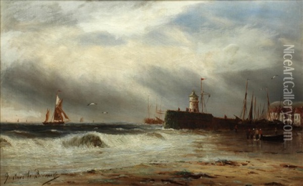 Coastal Scene With Pier And Lighthouse Oil Painting - Gustave de Breanski
