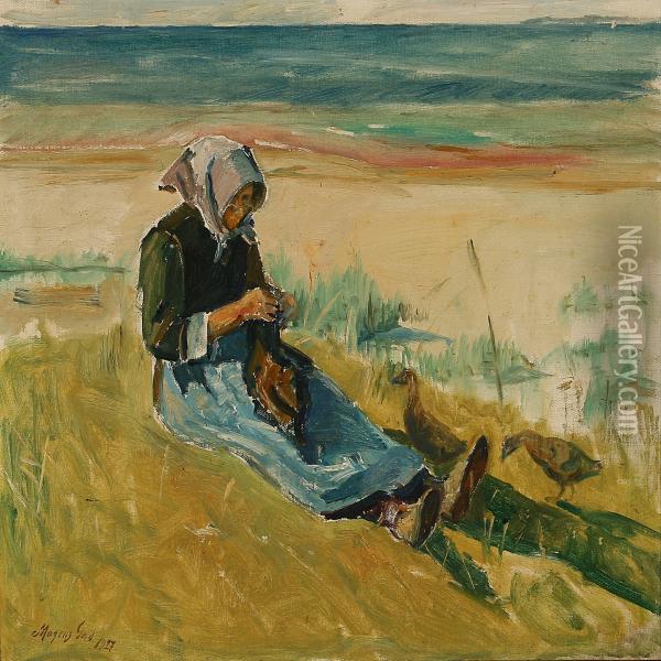 A Fisherman's Daughter Ona Beach Oil Painting - Mogens Gad