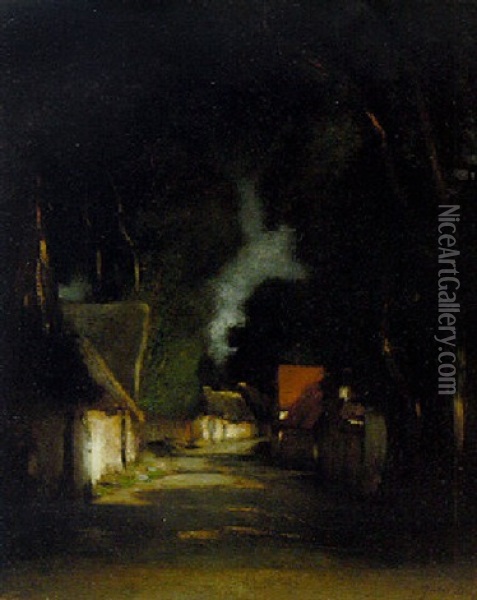 Village In The Moonlight Oil Painting - Jules Dupre