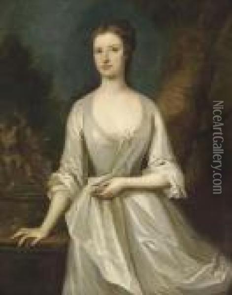 Portrait Of A Lady, Three-quarter-length, In A White Dress, A Fountain Beyond Oil Painting - Charles Jervas