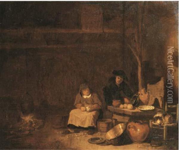 Peasants Preparing A Meal In A Barn Oil Painting - Egbert van der Poel