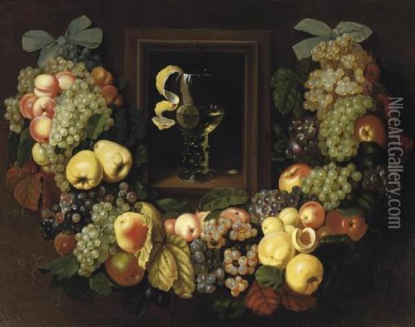 A Garland Of Grapes, Peaches, Plums And Apples Hanging From Two Blue Ribons Surrounding A Niche With A 'roemer' With White Wine And A Partially Peeled Lemon Oil Painting - Ottmar The Elder Elliger