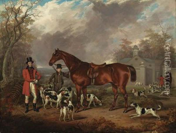 Going Out: A Gentleman With A Chestnut Hunter Held By A Groom, Withhounds At Woodfold Park, Near Blackburn, The Kennels Beyond Oil Painting - Richard Jones