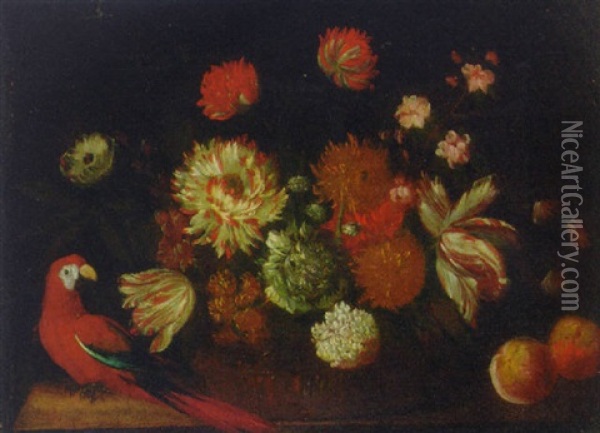 Roses, Carnations, Parrot Tulips And Other Flowers In A Basket, With Apples And A Parrot On A Ledge Oil Painting - Abraham Mignon