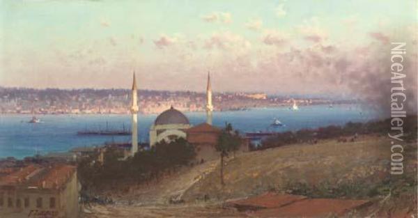 The Dolmabahce Mosque And Uskudar As Seen From The Hills Ofgumussuyu, Constantinople Oil Painting - Fausto Zonaro