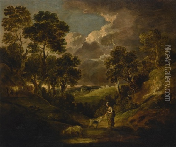 A Wooded Landscape With A Peasant Girl Feeding A Dog, With A Goat, Cows And Sheep On A Distant Hillside Oil Painting - Gainsborough Dupont