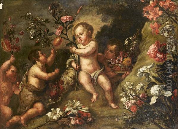 The Infant Saint John The Baptist Offeringflowers To The Infant Christ Attended By Two Putti Oil Painting - Francisco De Herrera The Younger