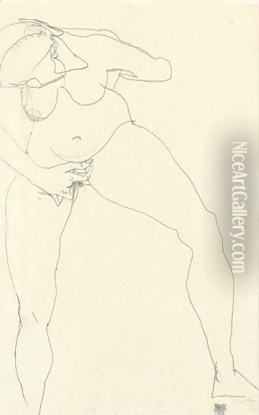 Stehende Frauenakt, Masturbierend (Standing Nude Woman, Masturbating) Oil Painting - Egon Schiele