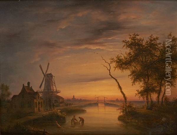 Coucher De Soleil Sur Le Pont Oil Painting - Eugene Napoleon Deterre