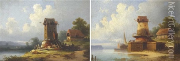 Uferlandschaften Mit Muhlen (pair) Oil Painting - Coelestin Bruegner