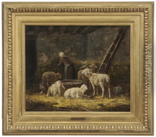 Shepherdess And Sheep In A Barn Oil Painting - Charles Jacques