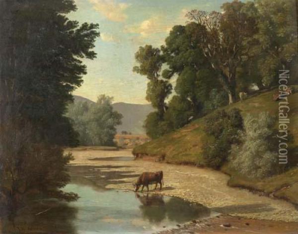 River Landscape With Cows Oil Painting - Barthelemy Menn