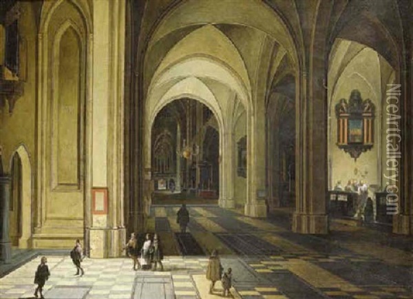 The Interior Of A Church At Night, With A Baptism In A Side Chapel Oil Painting - Peeter Neeffs the Younger