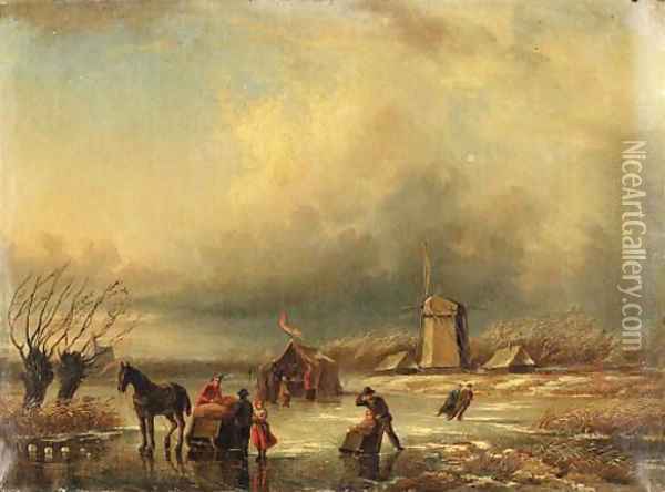 Figures in a frozen landscape Oil Painting - Jan Jacob Coenraad Spohler