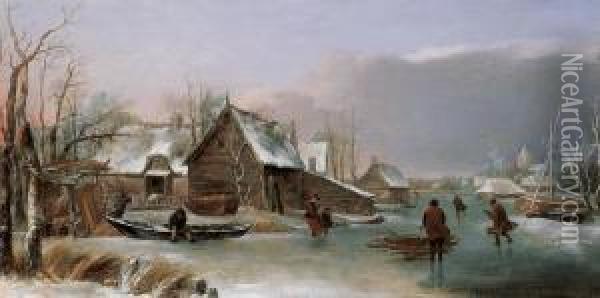 Winterlandschaft Mit Zugefrorenem Kanal. Oil Painting - Jan van Kessel