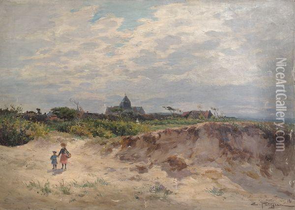 Enfants Dans Les Dunes Pres Du Village. Oil Painting - Edmond Marie Petitjean