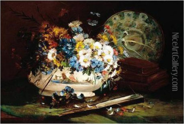 Eugene , Still Life Of Flowers, 
Books And Plate, Signed, Oil On Panel, 50 X 73 Cm.; 19 3/4 X 28 3/4 In Oil Painting - Eugene Henri Cauchois